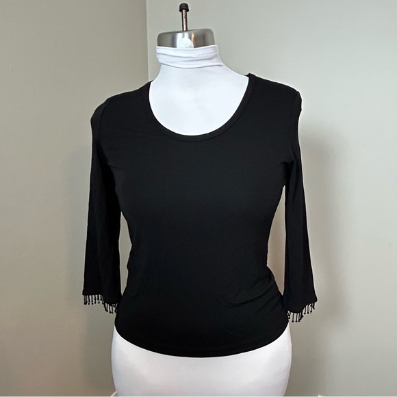 CASUAL CORNER Black Festive Fitted Beaded 3/4 Sleeve Top Size Medium - Picture 1 of 6